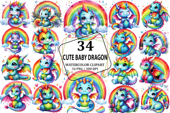 Download Cute Rainbow Baby Dragon Clipart PNG - Premium Bundle