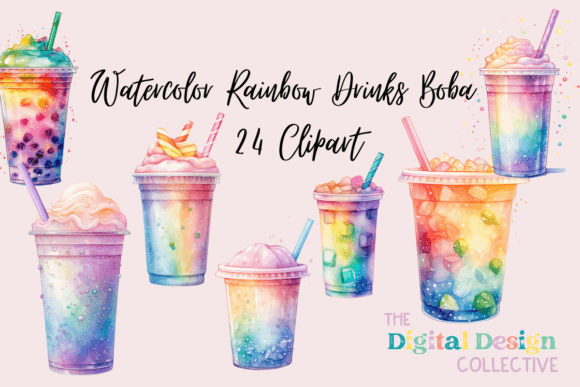 Download Watercolor Rainbow Drinks Boba Bundle - Bundle Collection